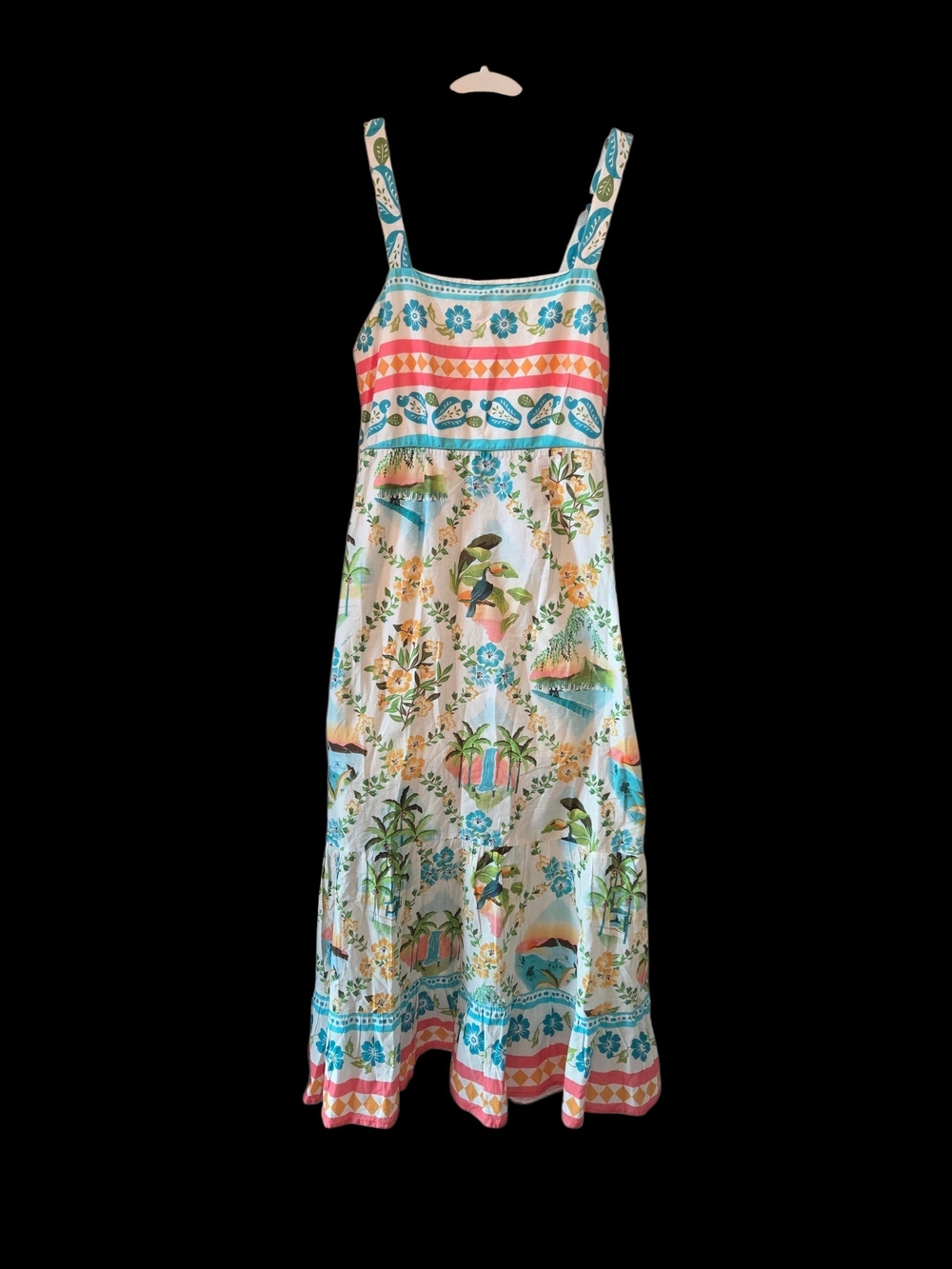 FARM Rio Multicolor Tropical Midi Dress - White, Blue, Pink, Green Midi Dress M